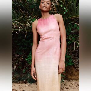 ZARA PINK TIE DYE LINEN BLEND MIDI DRESS